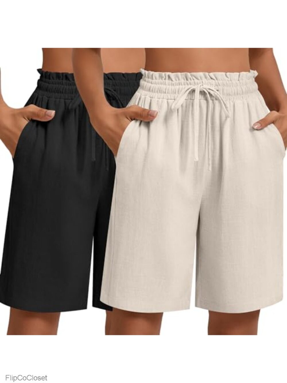 Linen Bermuda Shorts Wide Leg High Waisted Drawstring with Pockets 2 Pack